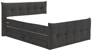 Boxspringbett in dunklem Stoffbezug, seitliche Perspektive