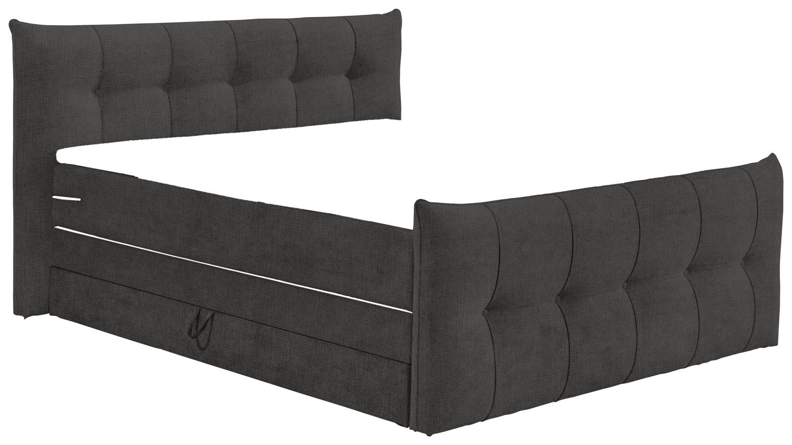 Boxspringbett in dunklem Stoffbezug, seitliche Perspektive