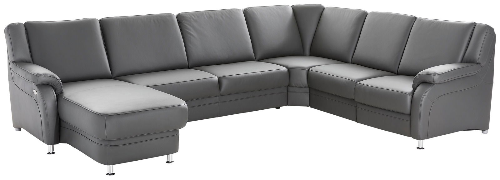 Graue Polsterrundecke in L-Form, perspektivisch von vorne links fotografiert.