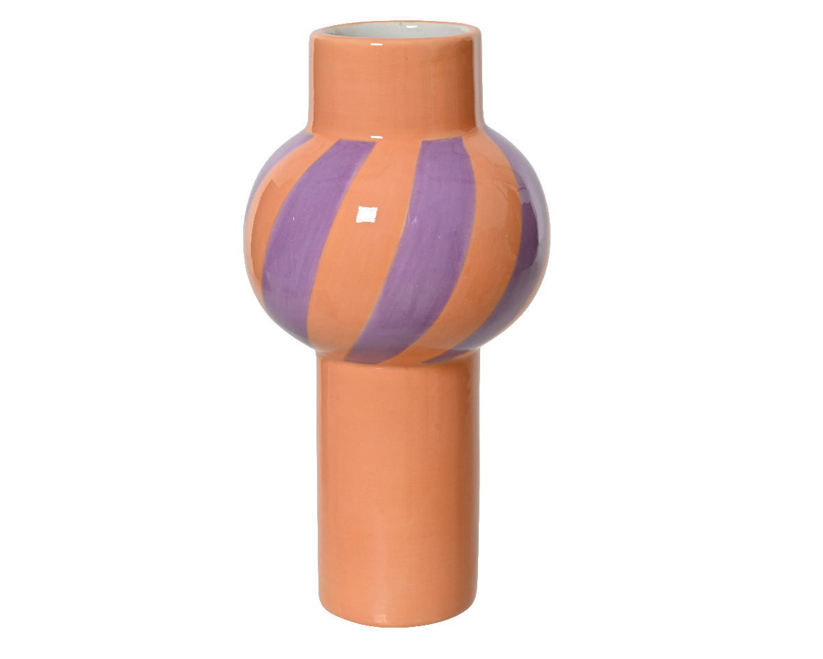 Vase mit orangefarbenem und lila Streifenmuster, frontal abgebildet