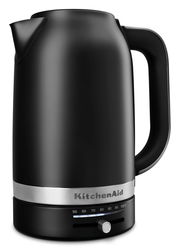 Schwarzer KitchenAid Wasserkocher mit 1,7 Liter Fassungsvermögen, seitliche Ansicht mit Temperaturanzeige und Griff.