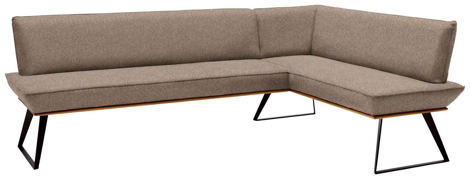 Eckbank in L-Form mit Stoffbezug in Beige, Metallbeinen und moderner Optik, Perspektive von vorne links