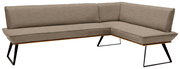 Eckbank in L-Form mit Stoffbezug in Beige, Metallbeinen und moderner Optik, Perspektive von vorne links