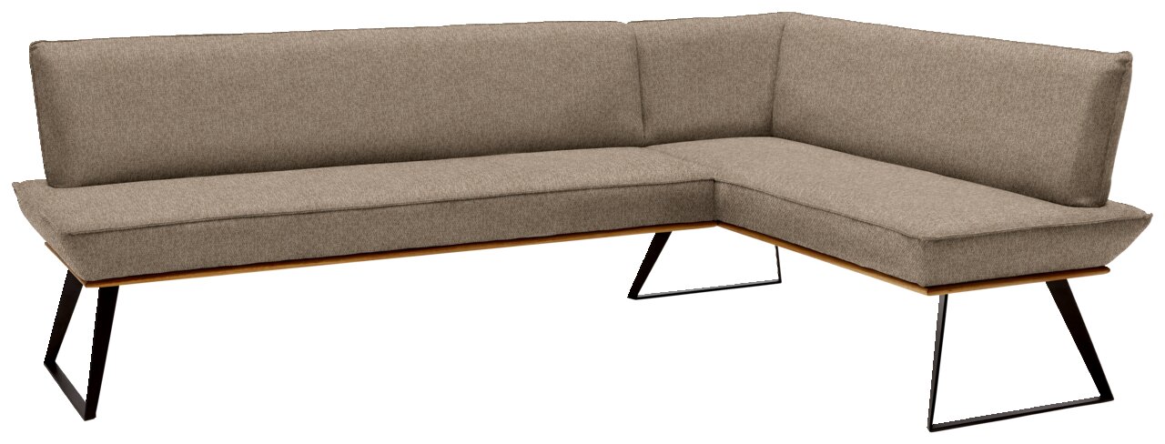 Eckbank in L-Form mit Stoffbezug in Beige, Metallbeinen und moderner Optik, Perspektive von vorne links