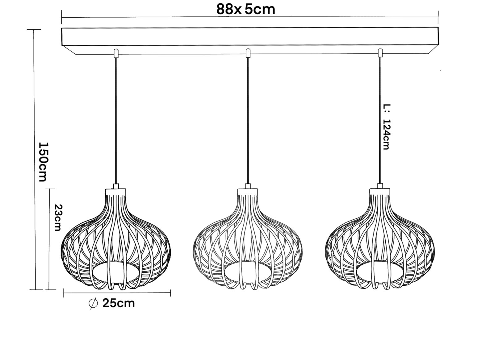Hanglamp met drie lampen en moderne, ronde metalen lampenkappen, totale breedte 88 cm, hoogte 150 cm, zijaanzicht.