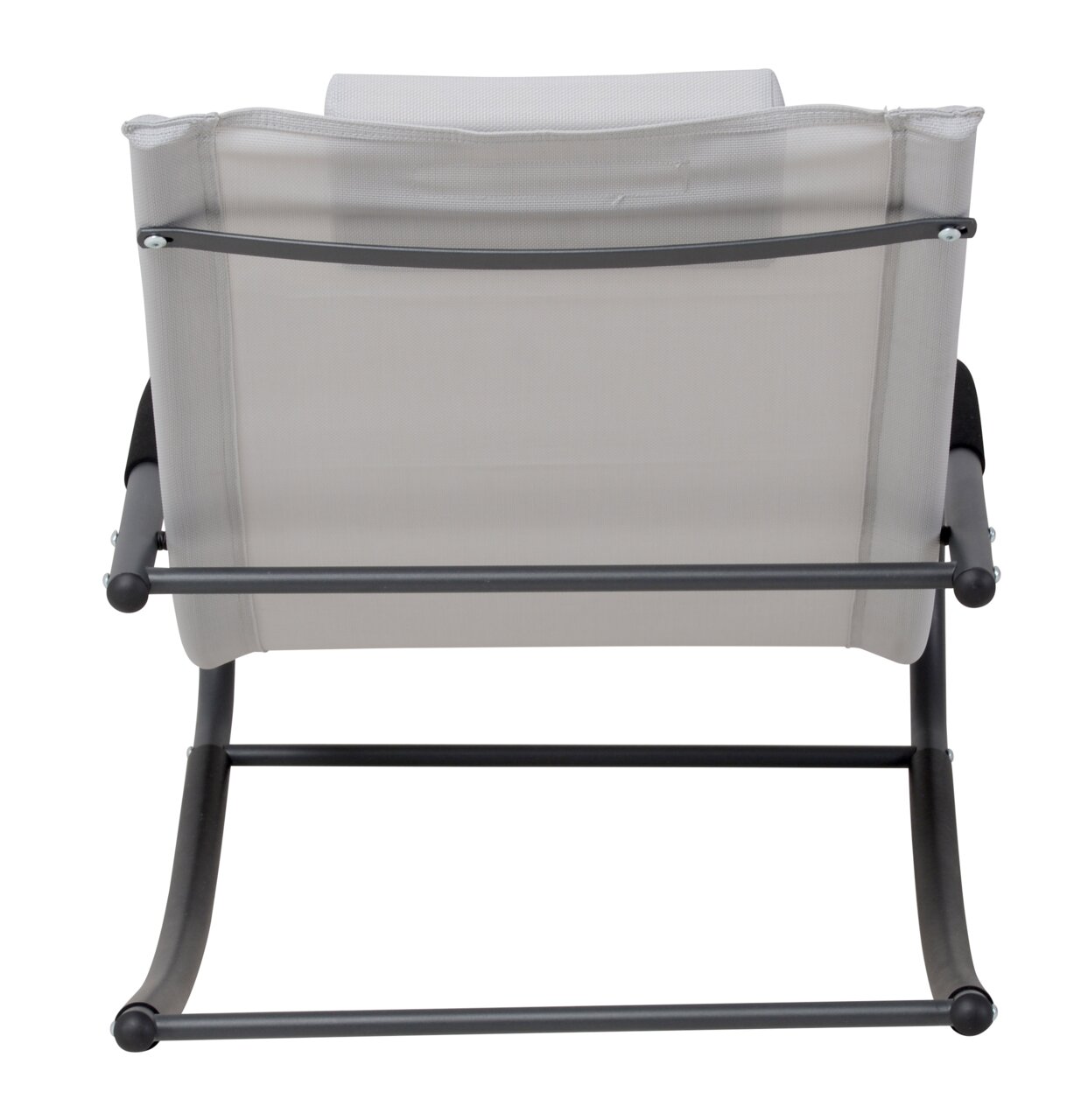 Rückansicht einer Schaukelliege mit grauem Metallrahmen und beigem Stoffbezug.