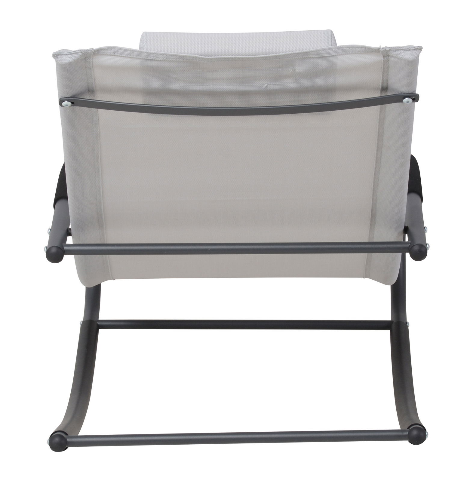 Rückansicht einer Schaukelliege mit grauem Metallrahmen und beigem Stoffbezug.