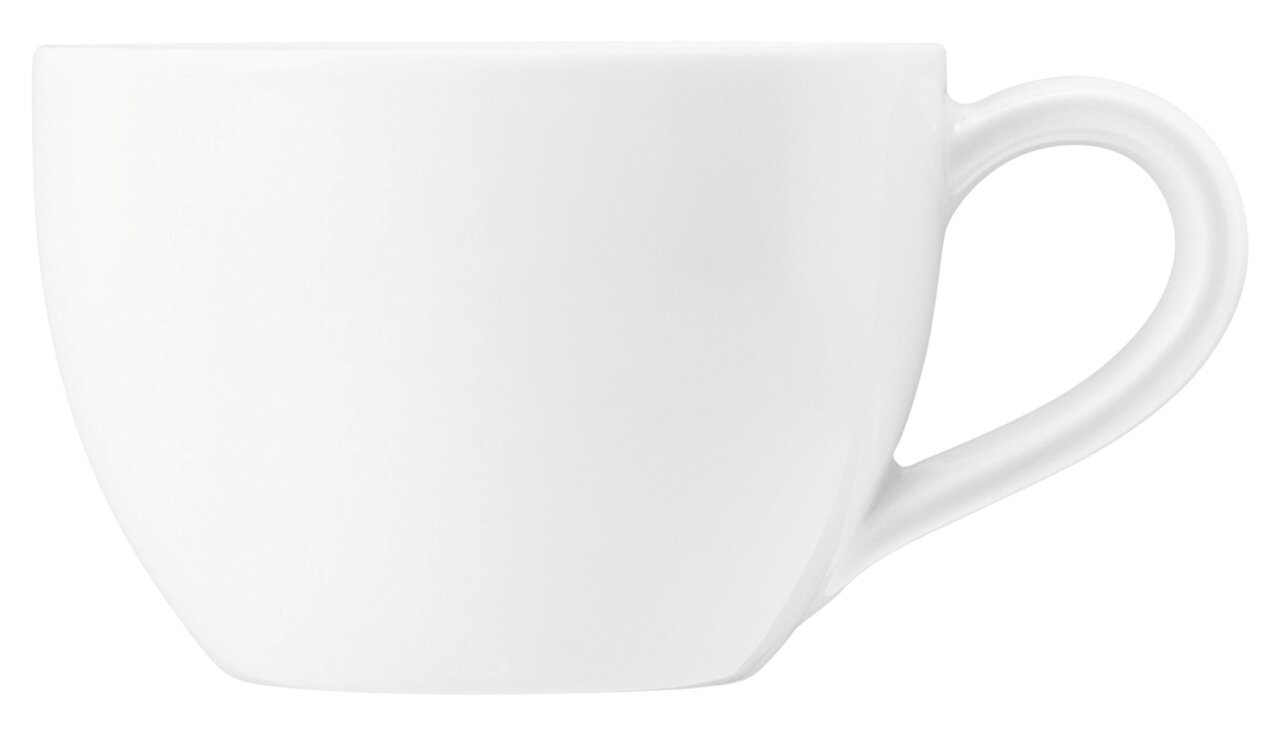 Weiße Espressotasse mit Henkel, seitliche Ansicht