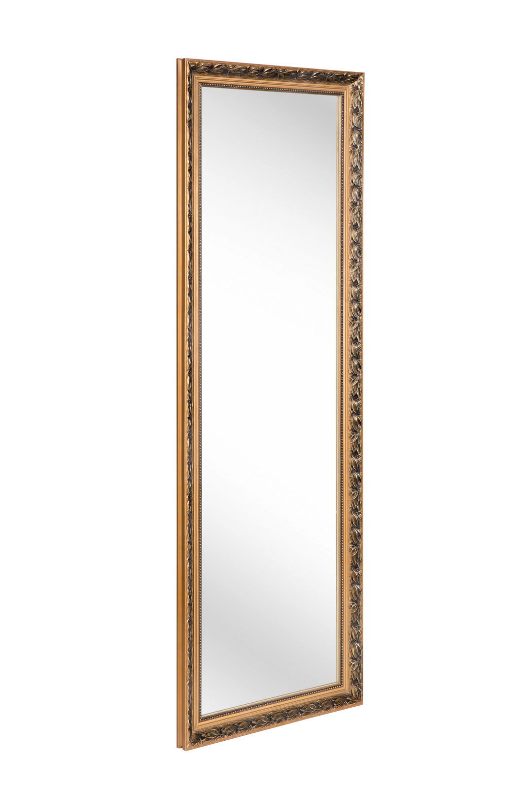 Rechteckiger Spiegel mit reich verziertem goldfarbenem Rahmen, seitliche Perspektive
