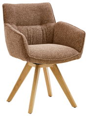 Brauner Armlehnstuhl mit gepolstertem Sitz und Rückenlehne, auf vier hölzernen Beinen, seitliche Perspektive