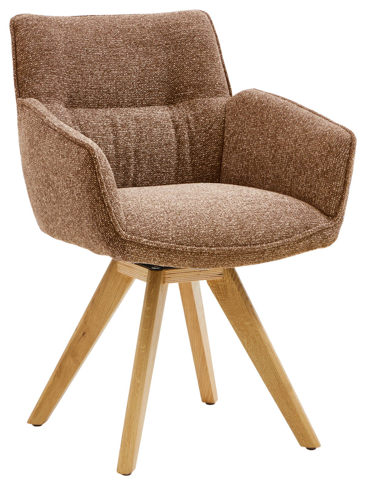 Brauner Armlehnstuhl mit gepolstertem Sitz und Rückenlehne, auf vier hölzernen Beinen, seitliche Perspektive