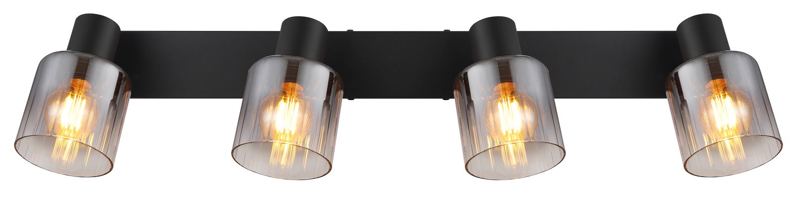 Vierflammiger schwarzer Strahler mit transparenten Glaskuppeln, seitliche Perspektive