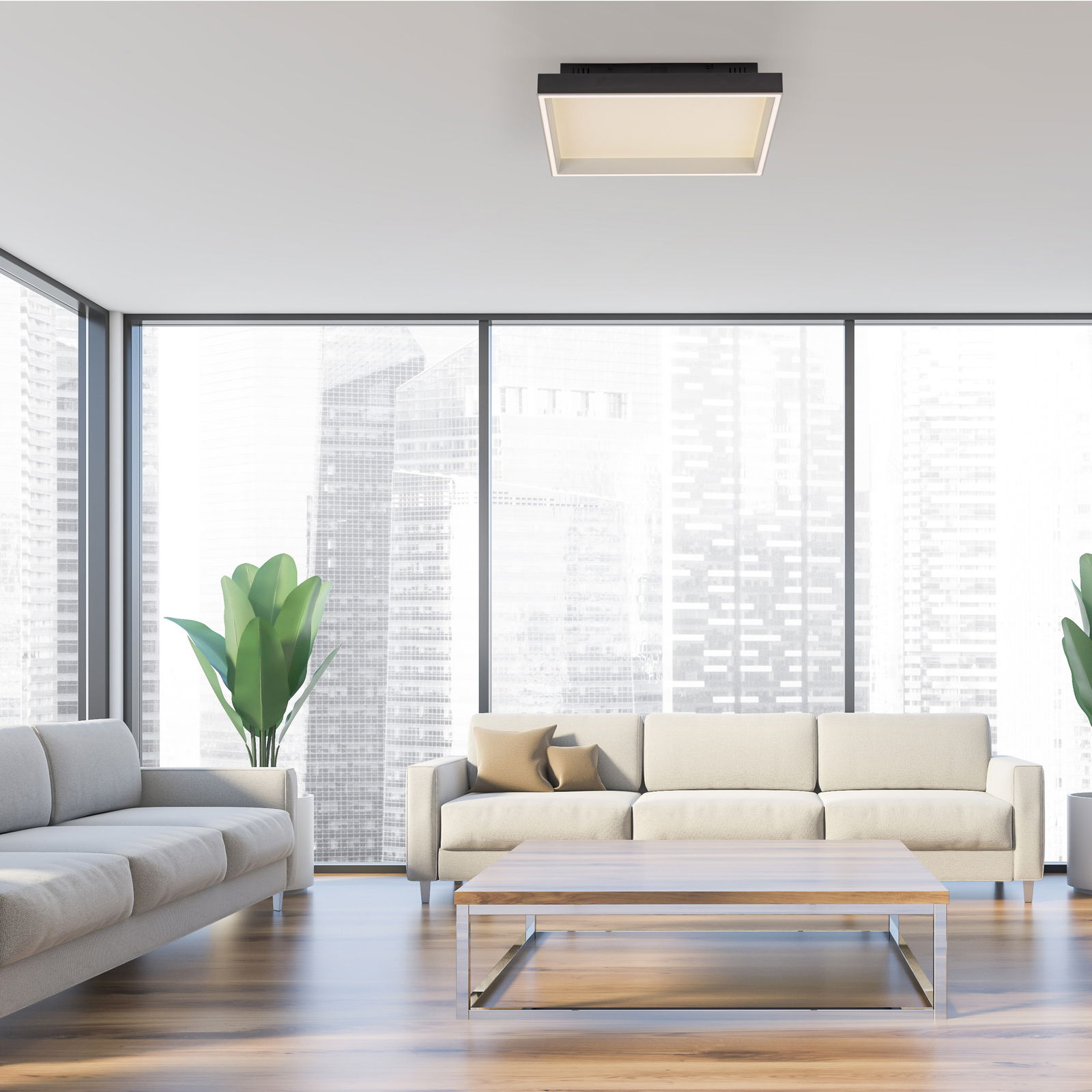 Moderne Deckenleuchte Q-MAGONG in einem stilvollen Wohnzimmer, aus der Perspektive von unten betrachtet.