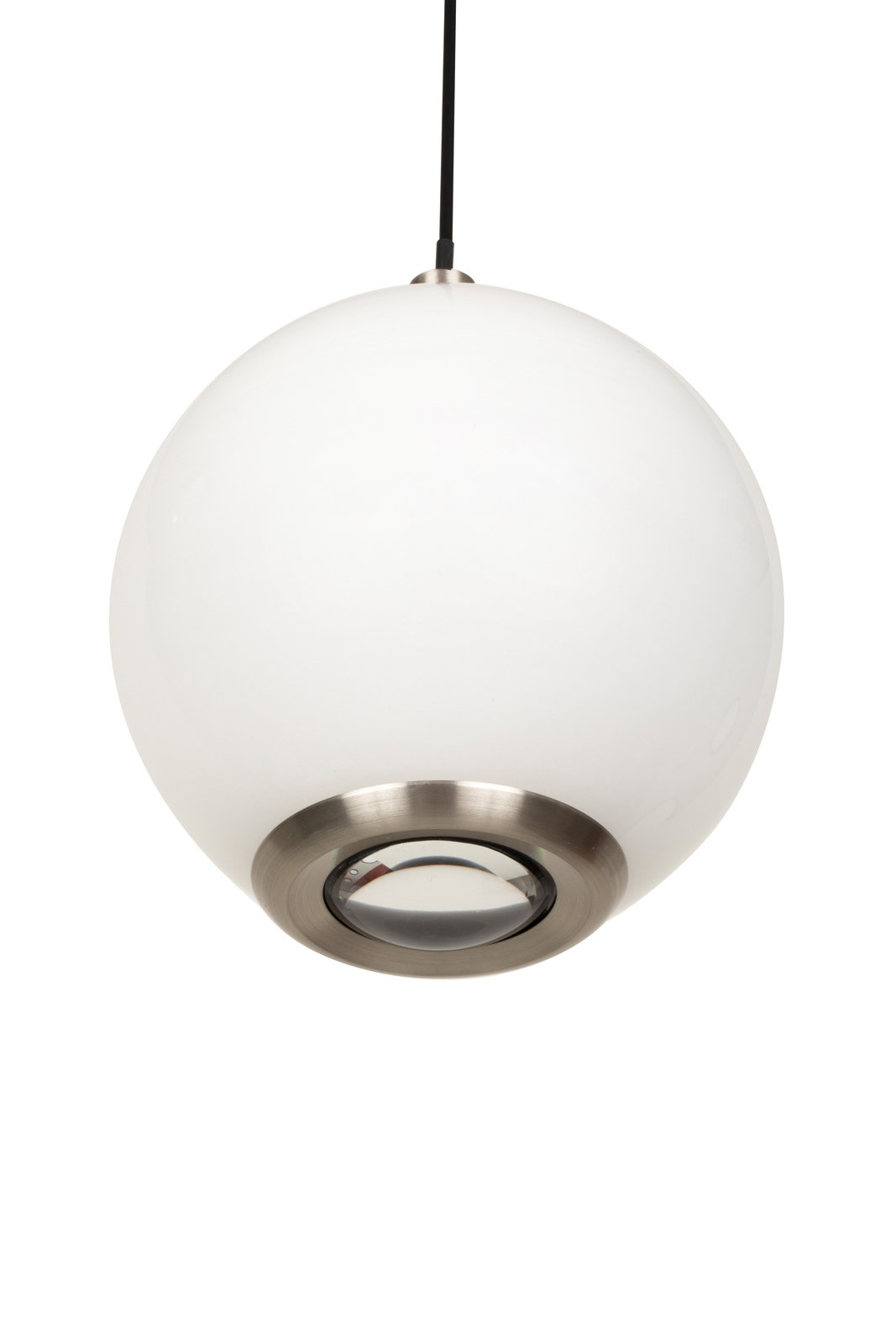 Novel LED-Hängeleuchte PENDELLEUCHTE Moderne LED-Hängeleuchte in Kugelform, seitliche Perspektive, mit weißem Schirm und metallischem Akzent.