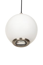Moderne LED-Hängeleuchte in Kugelform, seitliche Perspektive, mit weißem Schirm und metallischem Akzent.