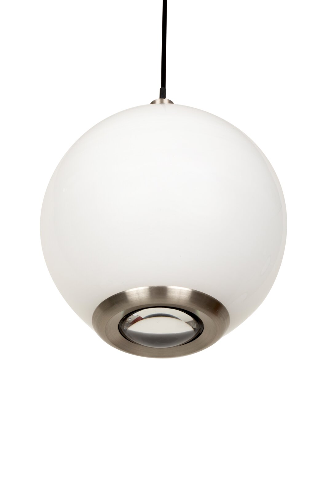 Novel LED-Hängeleuchte HÄNGELEUCHTE Moderne LED-Hängeleuchte in Kugelform, seitliche Perspektive, mit weißem Schirm und metallischem Akzent.