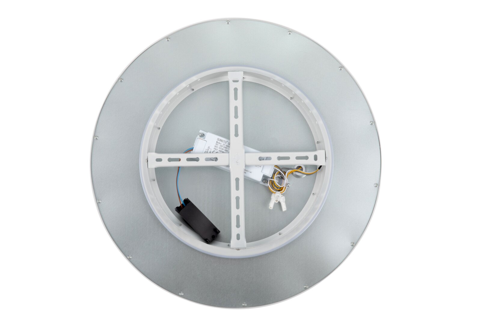Ronde led-plafondlamp met metalen achterkant, montagekruis en zichtbare bedrading, achteraanzicht van bovenaf