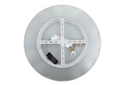 Ronde led-plafondlamp met metalen achterkant, montagekruis en zichtbare bekabeling, achteraanzicht van bovenaf