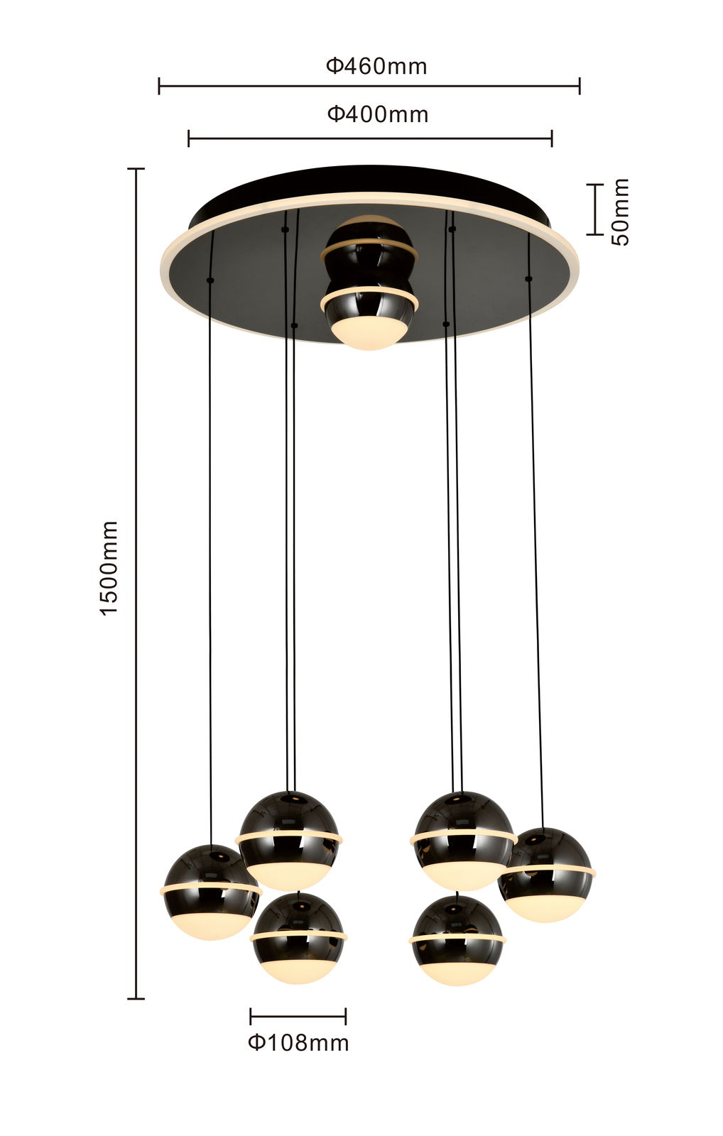 Moderne LED-Pendelleuchte mit sechs kugelförmigen Lampen, von unten betrachtet, mit Maßen in Millimetern.