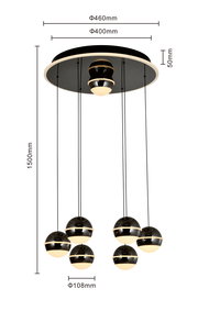Moderne LED-Pendelleuchte mit sechs kugelförmigen Lampen, von unten betrachtet, mit Maßen in Millimetern.