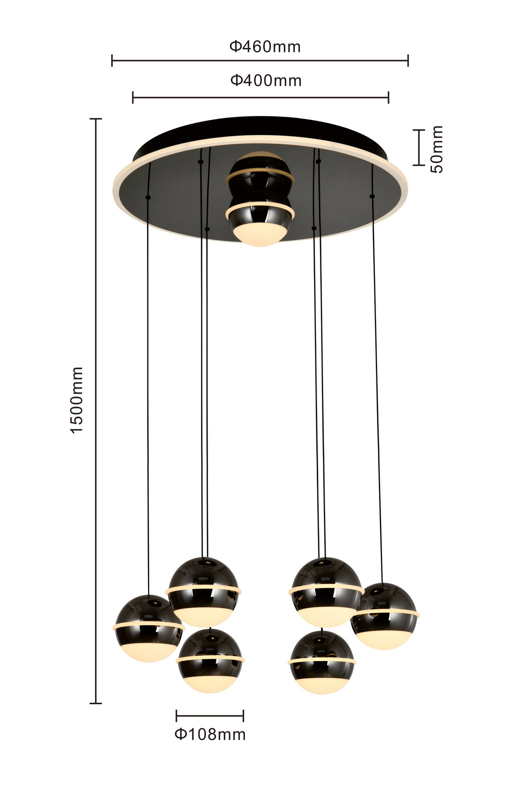 Moderne LED-Pendelleuchte mit sechs kugelförmigen Lampen, von unten betrachtet, mit Maßen in Millimetern.