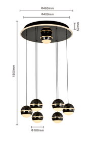 Moderne LED-Pendelleuchte mit sechs kugelförmigen Lampen, von unten betrachtet, mit Maßen in Millimetern.