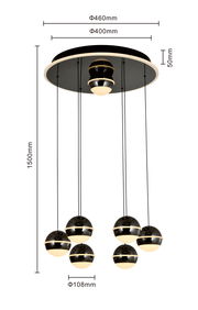 Moderne LED-Pendelleuchte mit sechs kugelförmigen Lampen, von unten betrachtet, mit Maßen in Millimetern.