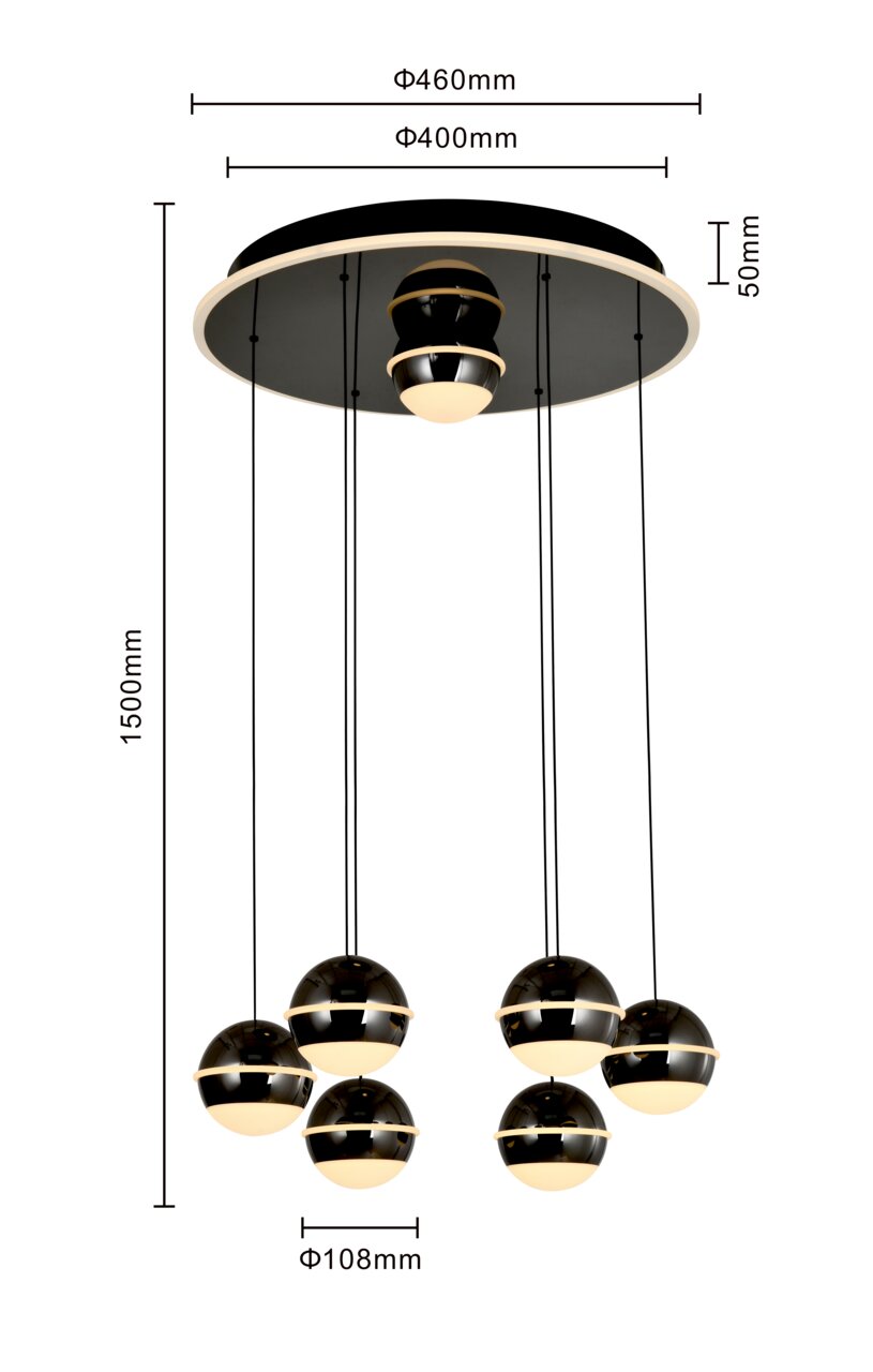Moderne LED-hanglamp met zes bolvormige lampen, gezien van onderaf, met afmetingen in millimeters.