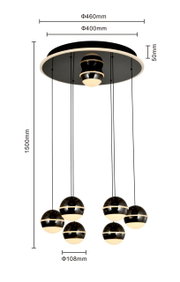 Moderne LED-hanglamp met zes bolvormige lampen, gezien van onderaf, met afmetingen in millimeters.