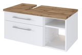 Moderner Waschtischunterschrank mit zwei Schubladen und offenem Regal, weiße Fronten und Holzoptik-Arbeitsplatte, Perspektive von vorne rechts