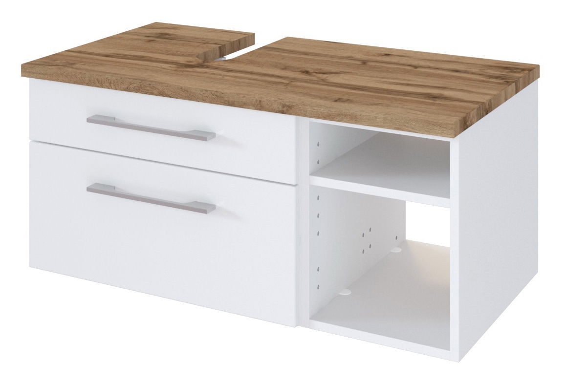 Moderner Waschtischunterschrank mit zwei Schubladen und offenem Regal, weiße Fronten und Holzoptik-Arbeitsplatte, Perspektive von vorne rechts