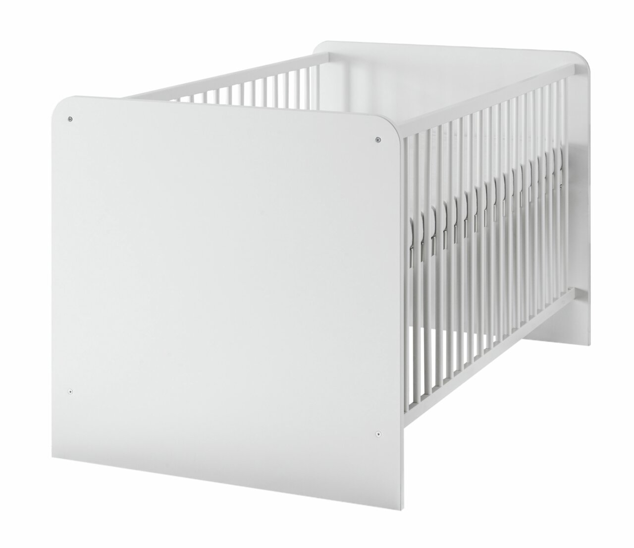 MyBaby Babybett BIBO Weißes Babybett aus Holz, seitliche Perspektive