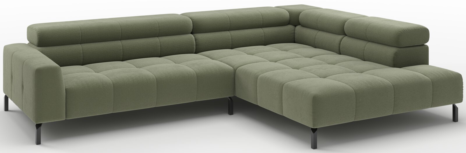 Olijfgroene L-vormige hoekbank met chaise longue rechts, doorgestikte kussens en zwarte poten, getoond in schuin vooraanzicht op witte achtergrond