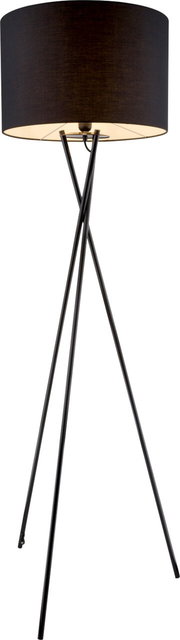 Moderne Stehleuchte mit dreibeinigem Stativ und schwarzem Lampenschirm, seitliche Perspektive