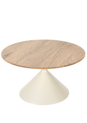 Runder Esstisch mit heller Holzplatte und konischem, cremefarbenem Sockelfuß, freigestellt auf weißem Hintergrund, in leicht schräger Seitenansicht von oben