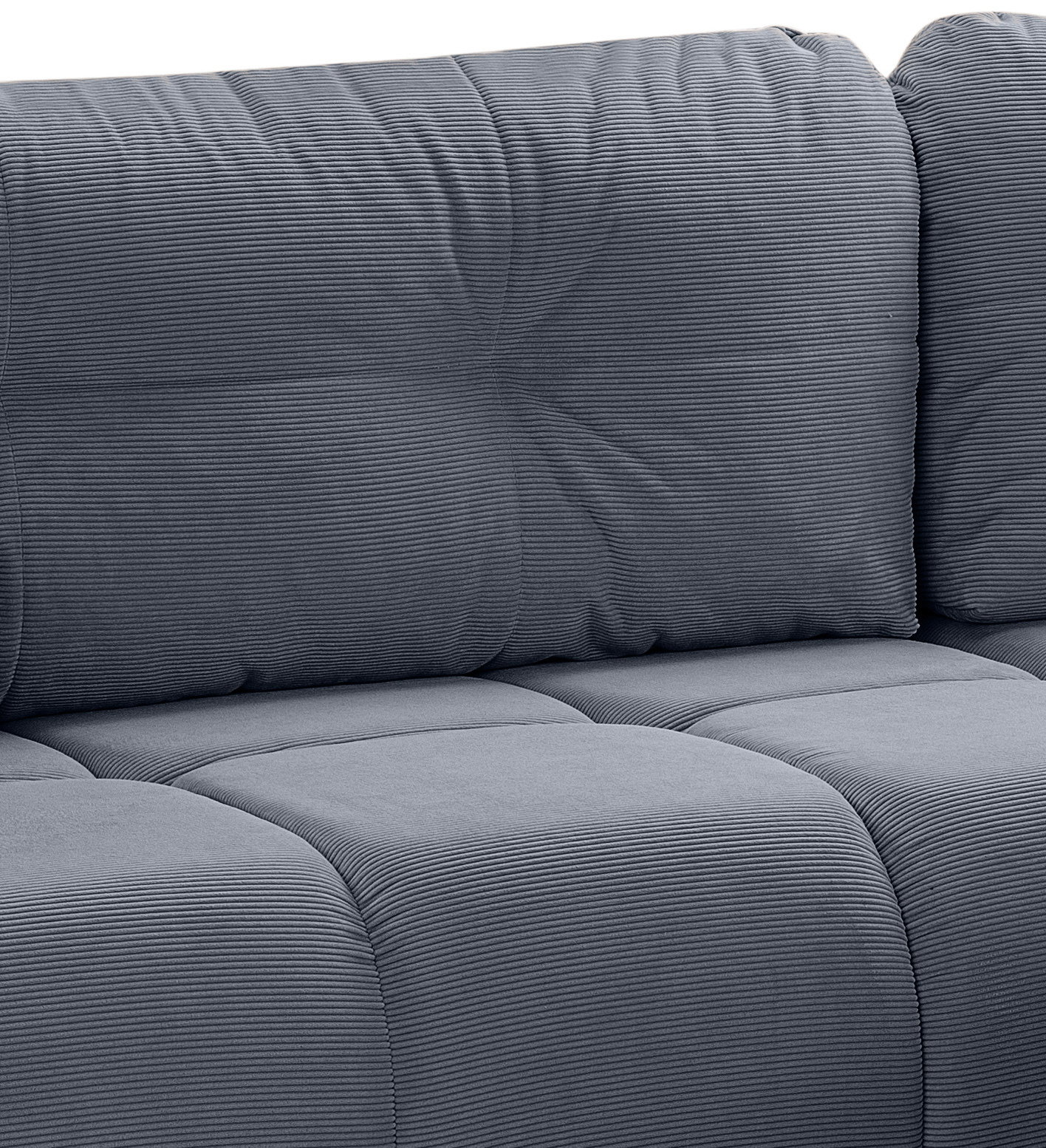 Nahaufnahme eines grauen Eckschlafsofas mit geripptem Stoffbezug, Ansicht von vorne.
