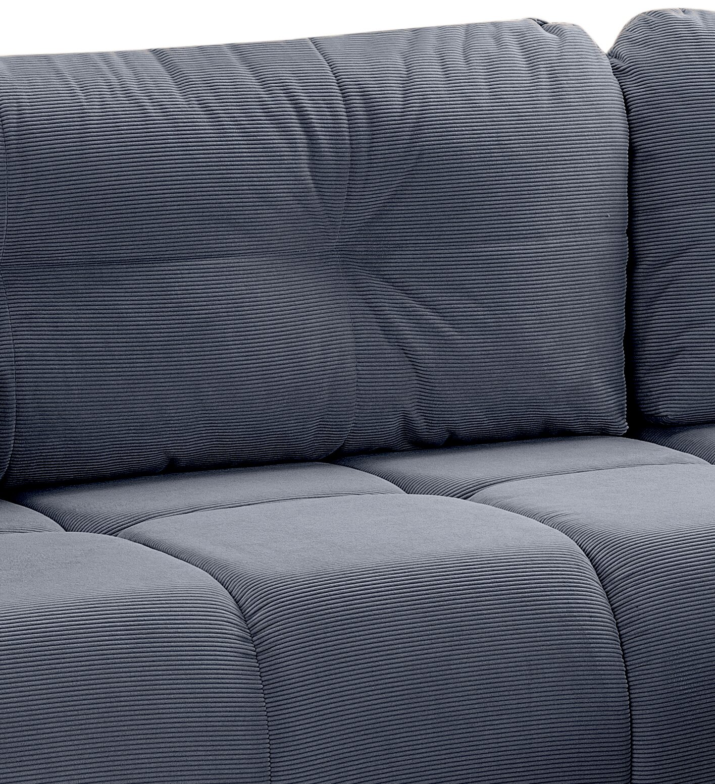 Nahaufnahme eines grauen Eckschlafsofas mit geripptem Stoffbezug, Ansicht von vorne.