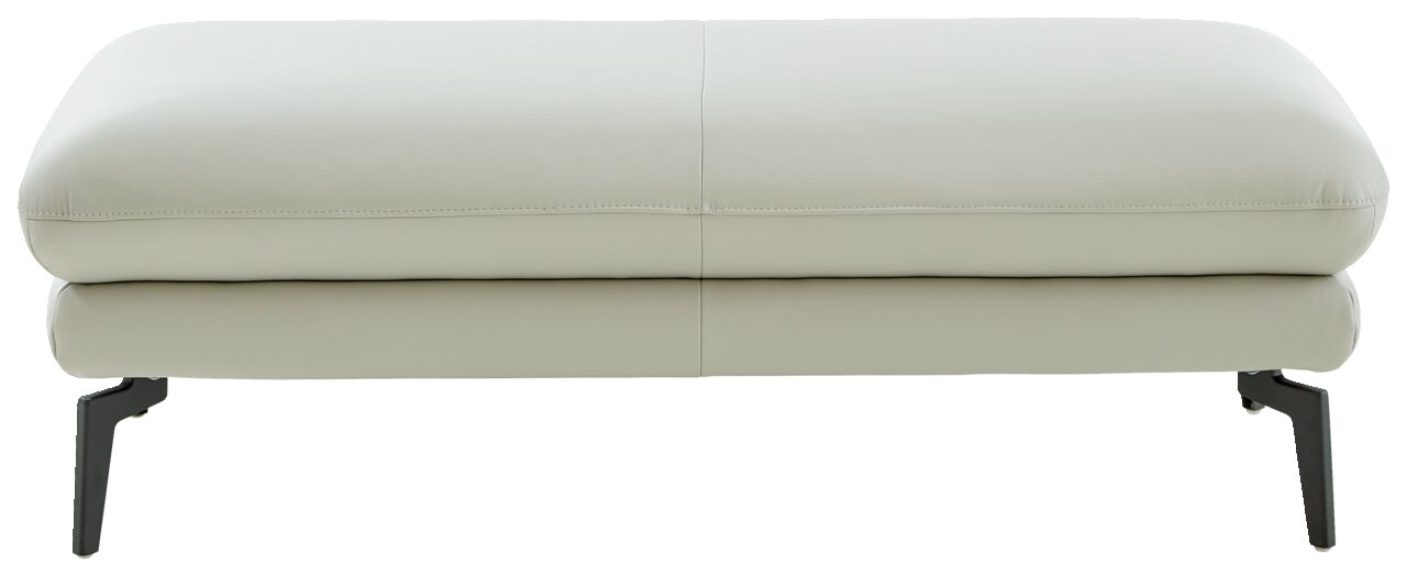 Frontale Ansicht eines XXL-Hockers mit hellgrauem Polster und schwarzen Metallbeinen.