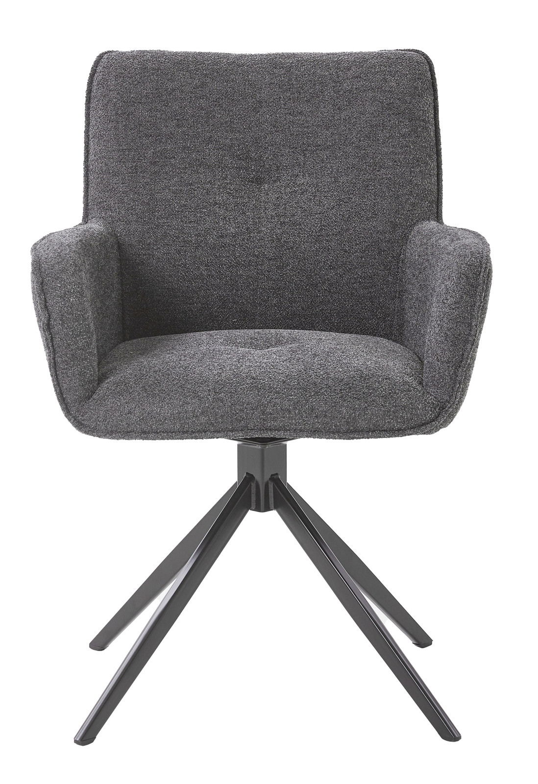 Grauer Armlehnstuhl mit Stoffbezug und schwarzem Metallgestell, Frontalansicht