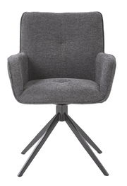 Grauer Armlehnstuhl mit Stoffbezug und schwarzem Metallgestell, Frontalansicht