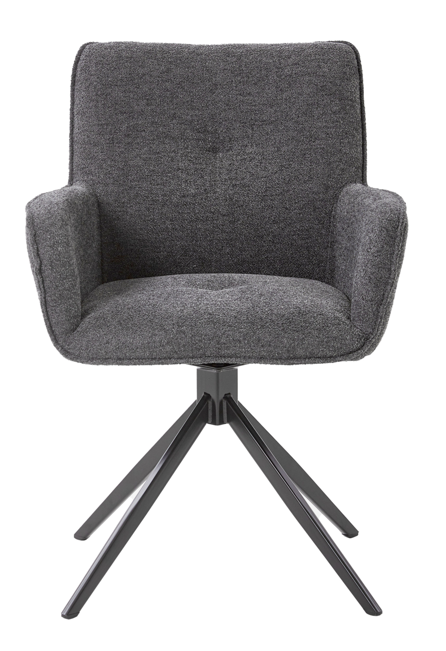 Grauer Armlehnstuhl mit Stoffbezug und schwarzem Metallgestell, Frontalansicht