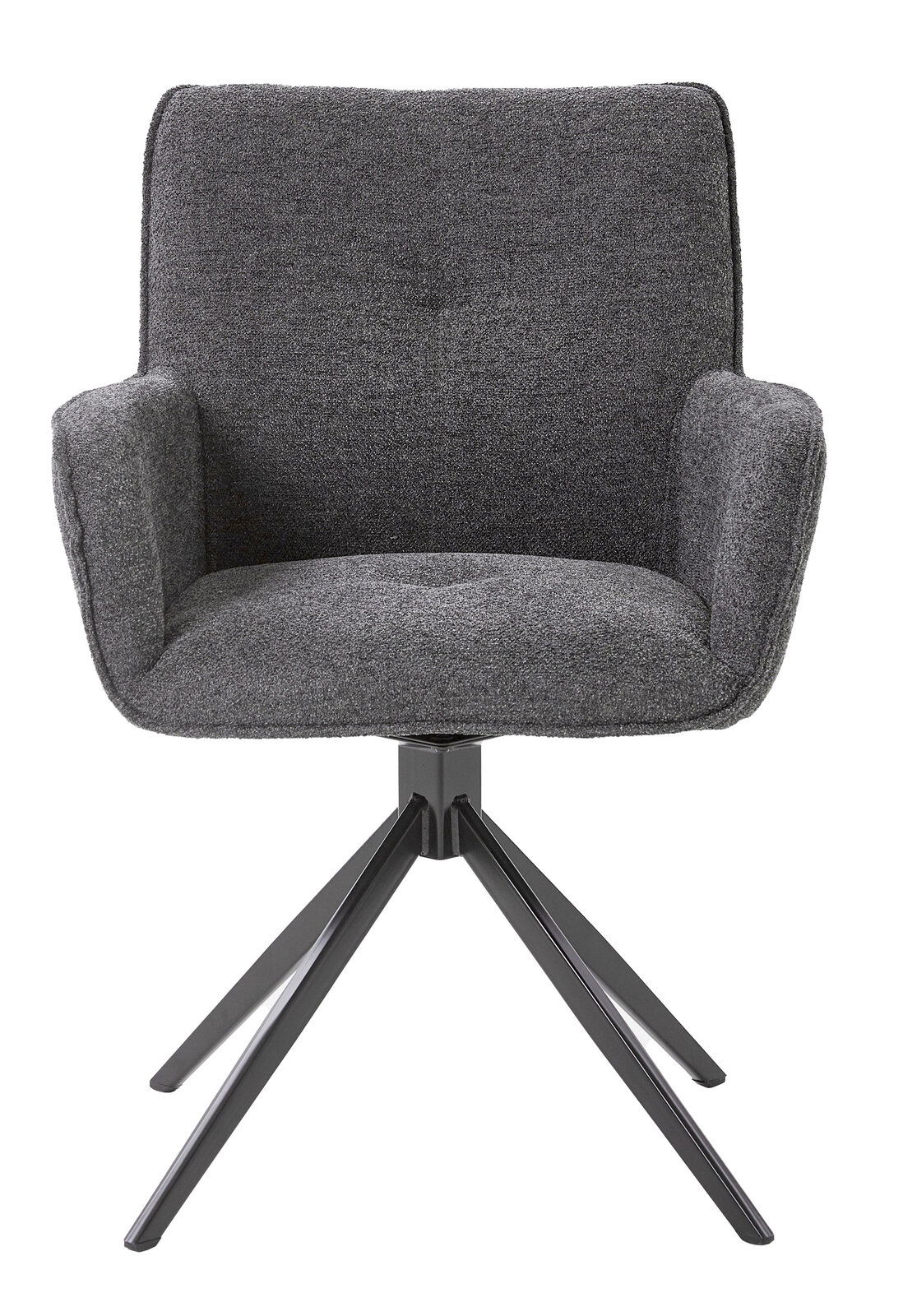 Grauer Armlehnstuhl mit Stoffbezug und schwarzem Metallgestell, Frontalansicht
