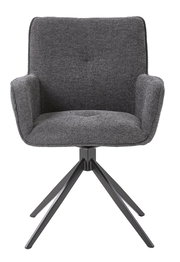 Grauer Armlehnstuhl mit Stoffbezug und schwarzem Metallgestell, Frontalansicht