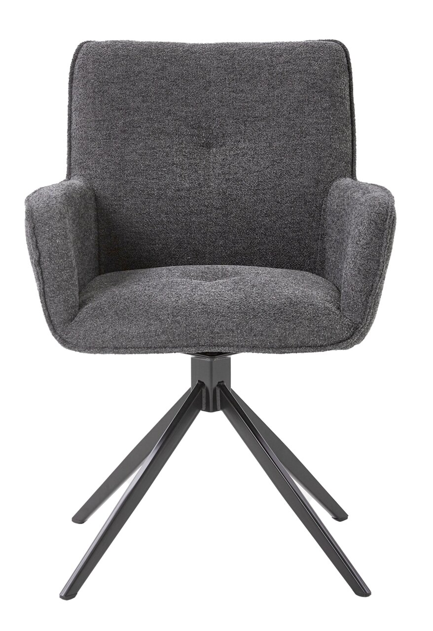 Grauer Armlehnstuhl mit Stoffbezug und schwarzem Metallgestell, Frontalansicht