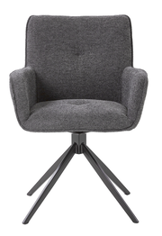 Grauer Armlehnstuhl mit Stoffbezug und schwarzem Metallgestell, Frontalansicht