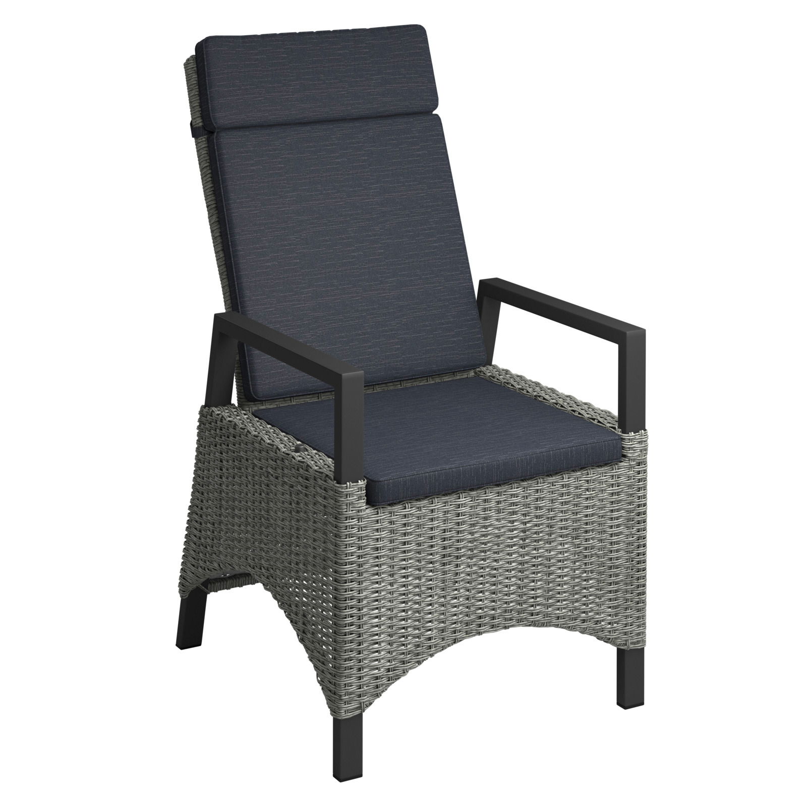 Ambia Garden Gartensessel PORTLAND SMOKE ALU Gartensessel aus grauem Geflecht mit dunkelgrauen Kissen, seitliche Perspektive