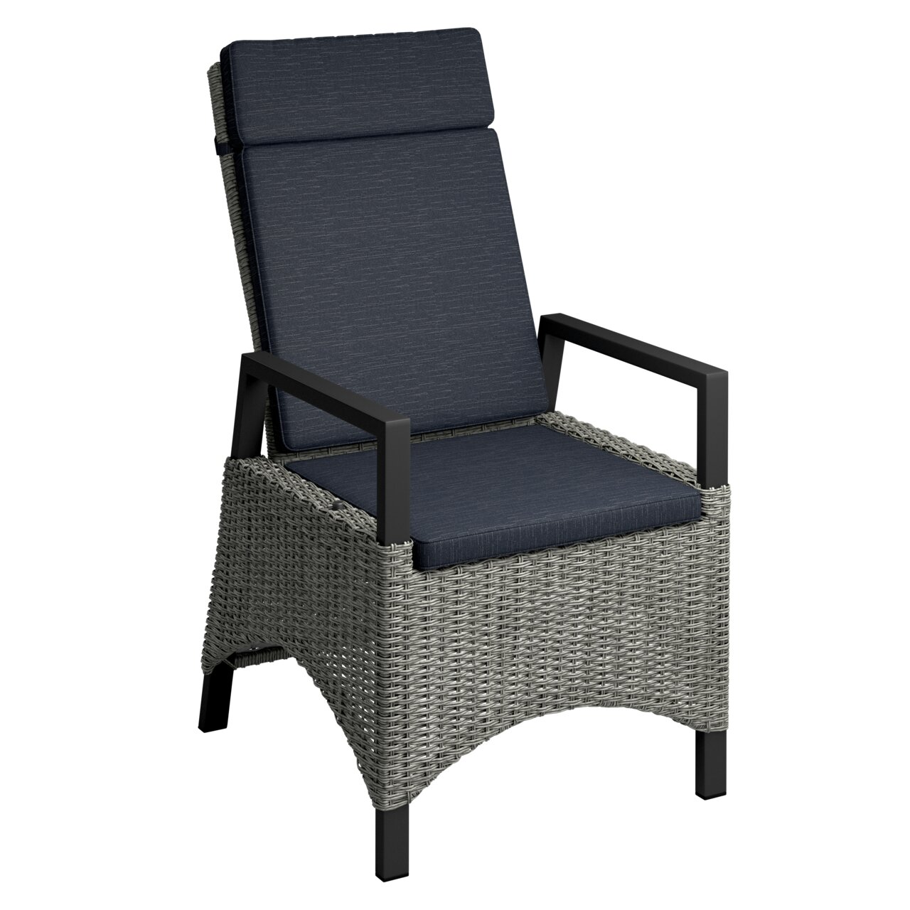 Ambia Garden Gartensessel PORTLAND SMOKE ALU Gartensessel aus grauem Geflecht mit dunkelgrauen Kissen, seitliche Perspektive