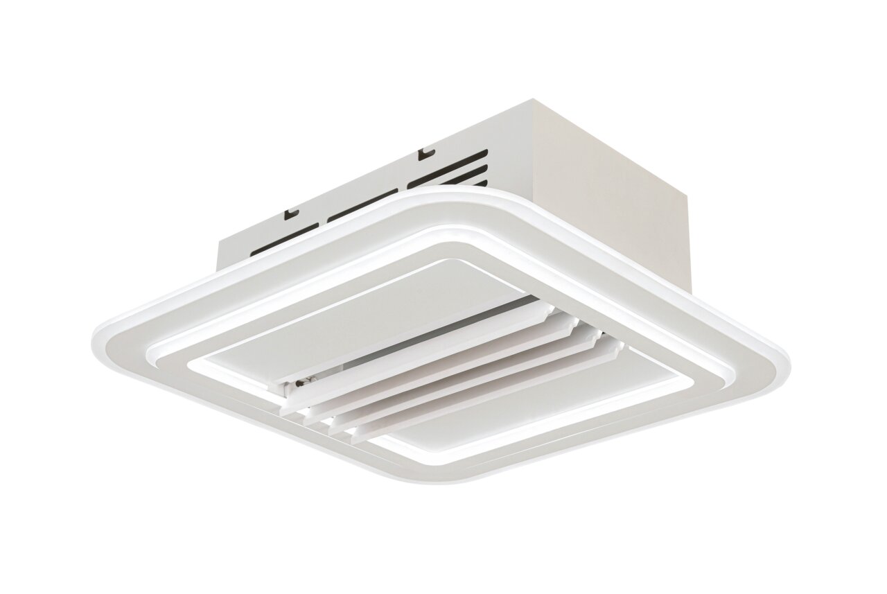 Mican Plafondventilator Moderne plafondventilator in vierkante vorm, gezien van onderaf, met een stijlvol wit ontwerp en ingebouwde verlichting.