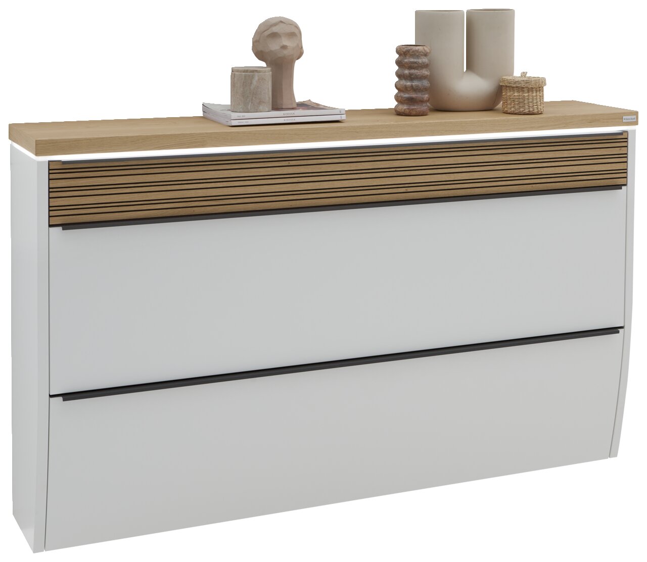 Moderner XXL-Hängeschuhschrank mit LED-Beleuchtung, weiße Fronten und Holzoberfläche, seitliche Perspektive