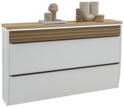 Moderner XXL-Hängeschuhschrank mit LED-Beleuchtung, weiße Fronten und Holzoberfläche, seitliche Perspektive